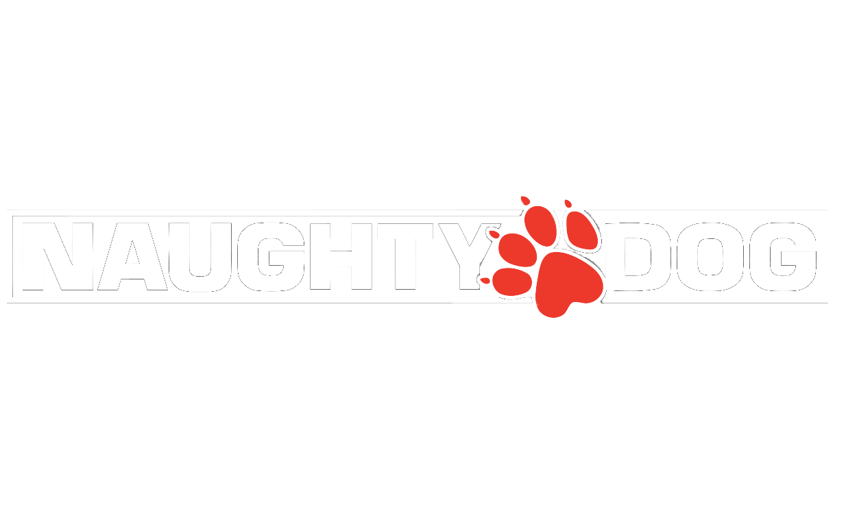 white text saying 'naughty dog' with a red dog paw print