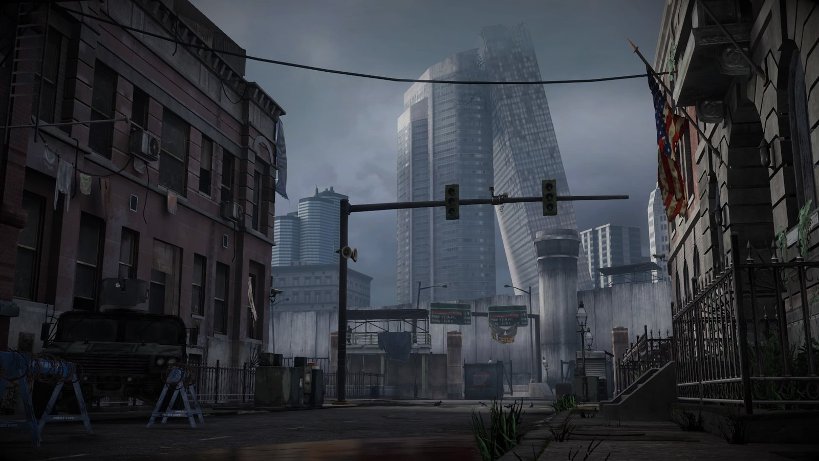 image from the video game 'the last of us', street view of a building on the left as well as one on the right, with two building in the distance that are leaning on each other