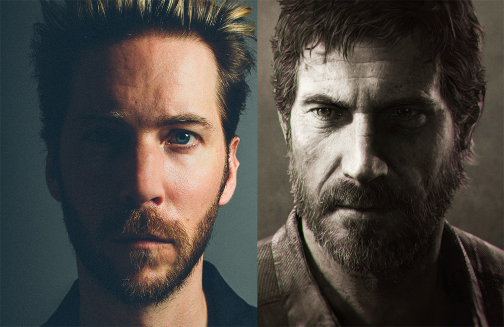 photo on left is a portrait shot of Troy Baker, on the right is a portrait shot of Joel from The Last of Us