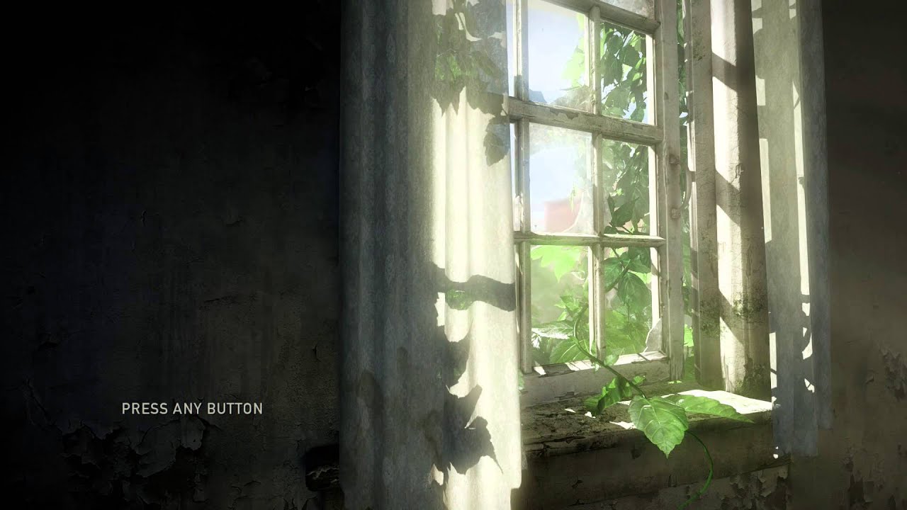 the starting screen for the video game, 'the last of us,' there is an old window with a broken piece and a vine coming through, there is text on the screen which reads, 'press any button'