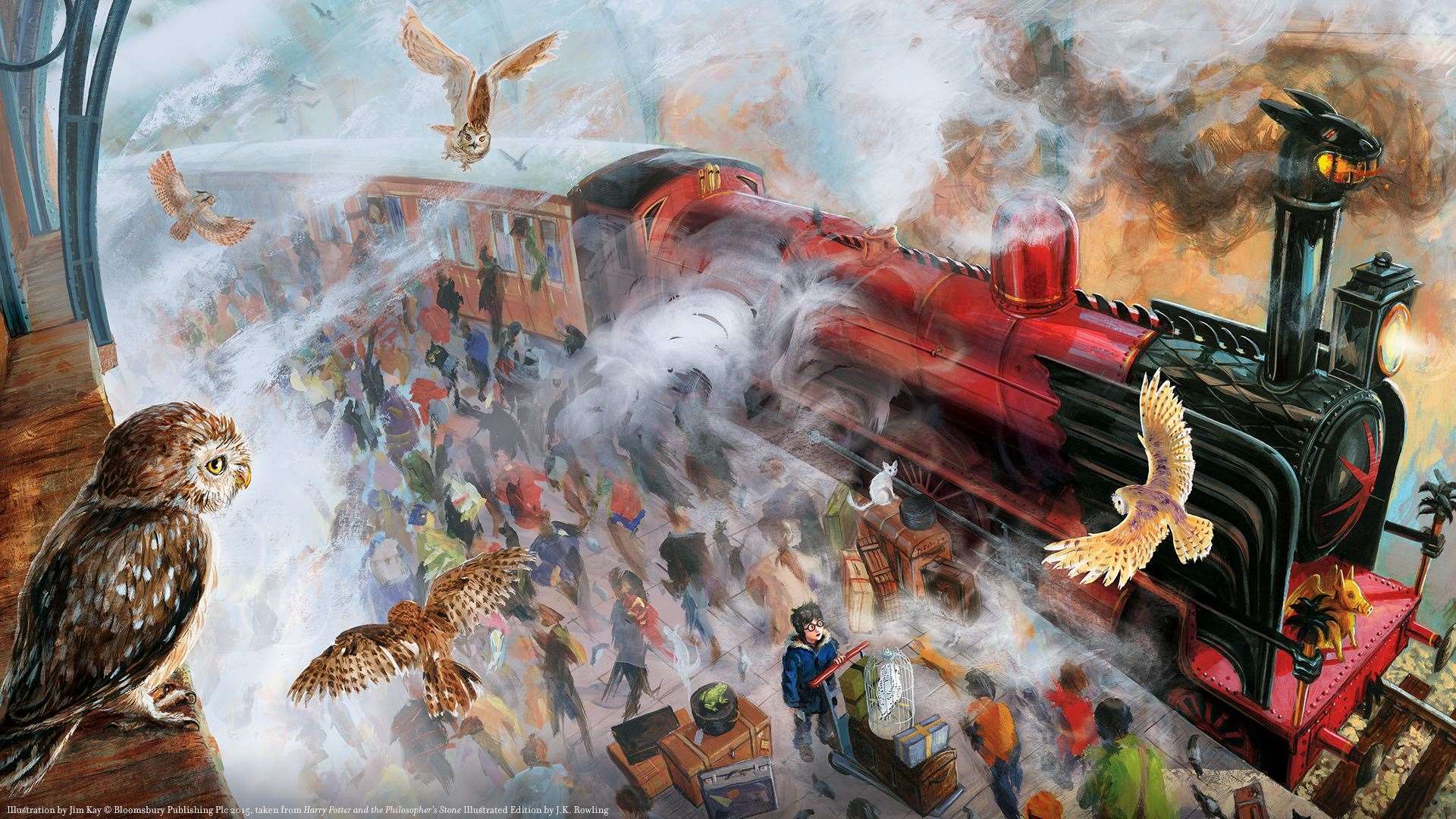 Image of people walking beside train from the book 'Harry Potter and the Philospoher's Stone, illustration by Jim Kay